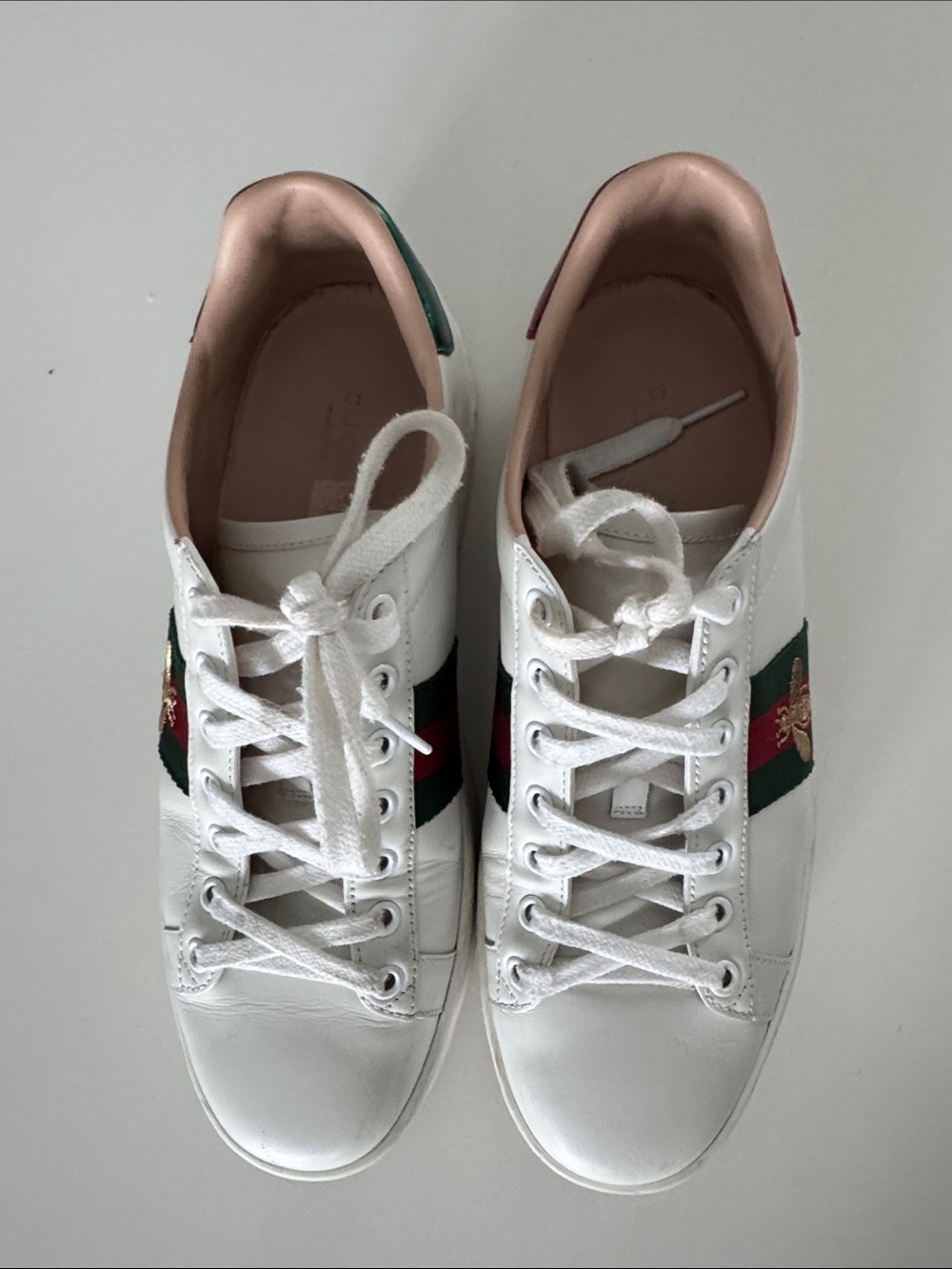 Gucci White Leather Sneakers with Green & Red Web and Gold Bee - Picture 3 of 9